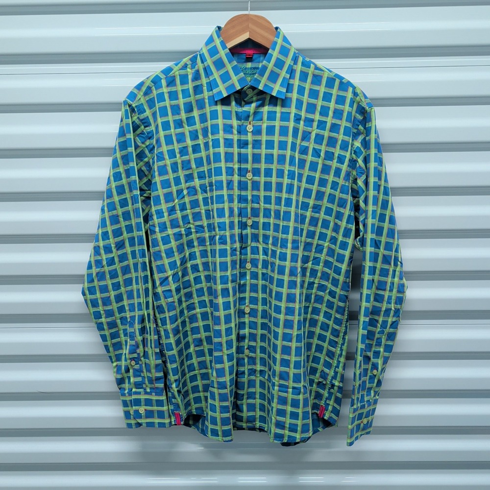 Luchiano Visconti Size M Mens Blue Green Plaid 2-Ply Mercerized Cotton Shirt — photo 2
